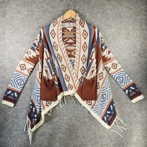 Bongo Women XS Aztec Geometric Southwestern Fringe Open Front Cardigan Rust Blue